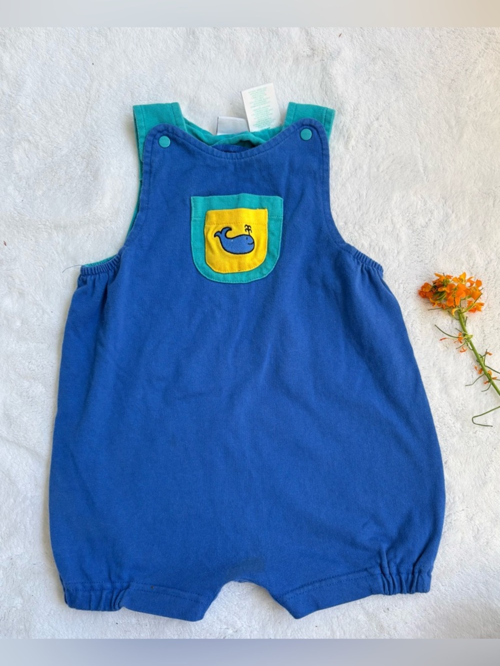 Vintage Okie Dokie Blue Whale Pocket Baby Romper 24m